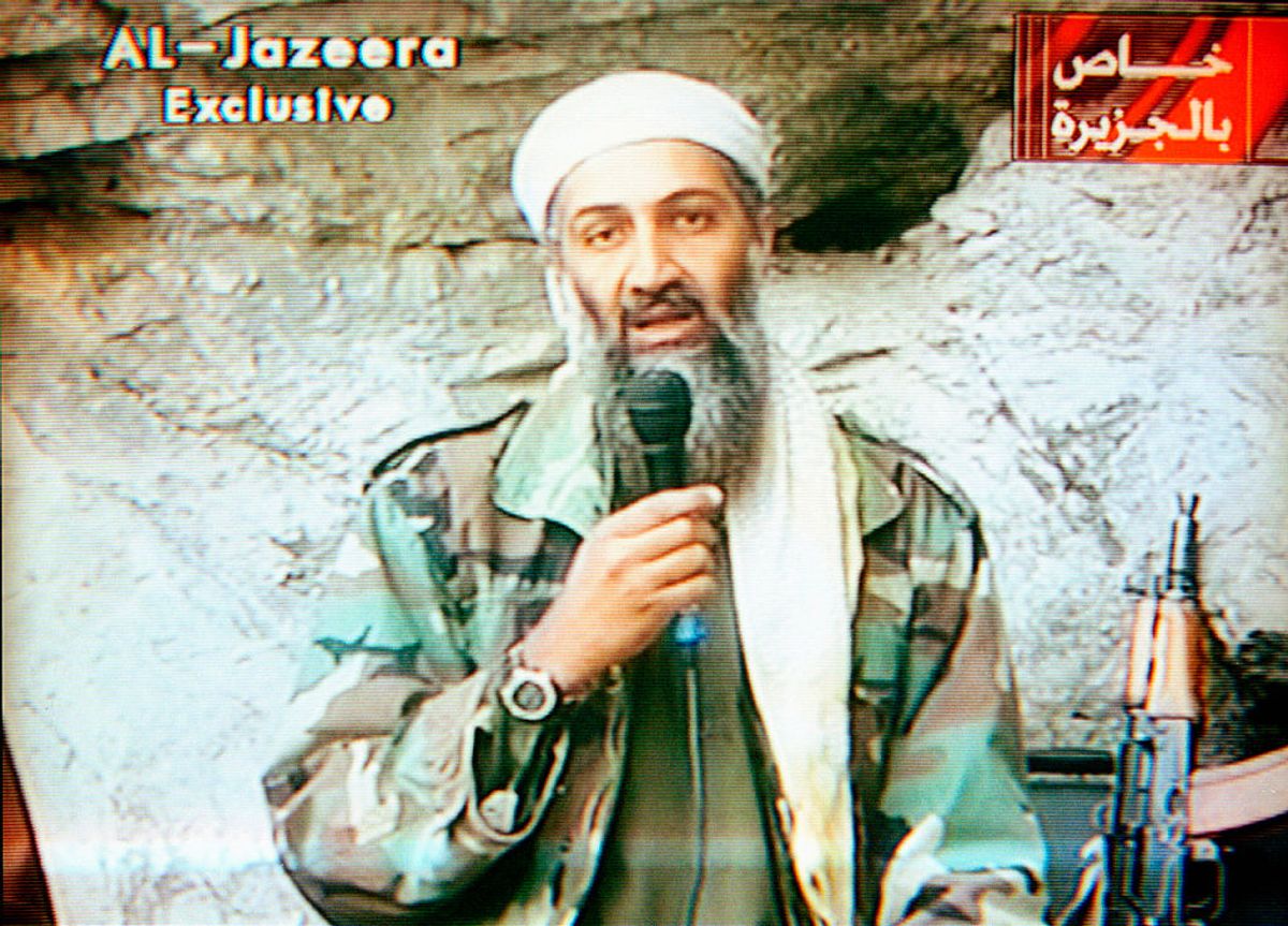Osama Bin Laden appears on Al-Jazeera Television praising the attacks of September 11th, and defying the United States in its threats to attack Afghanistan's Taliban government, which was playing host to him. Days later the U.S. overthrew the Taliban. (Photo by Maher Attar/Sygma via Getty Images) (Getty Images)